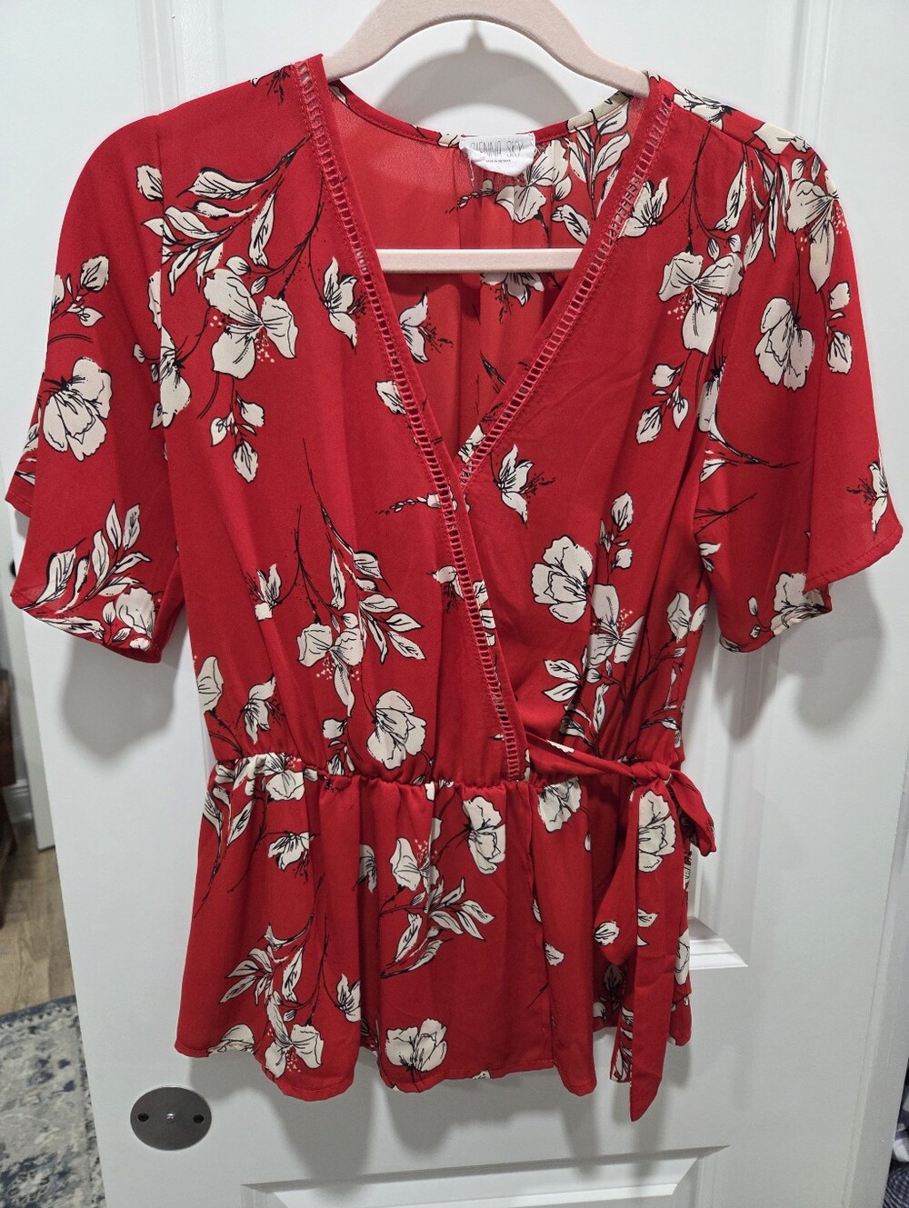 Sienna Sky Red Floral Short Sleeve Wrap Blouse - Small
